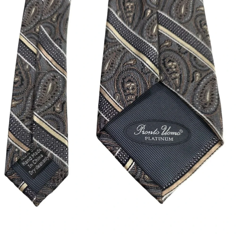 Pronto Uomo Platinum Paisley Silk Tie Mens Woven Striped Pattern Gray‎ Gold